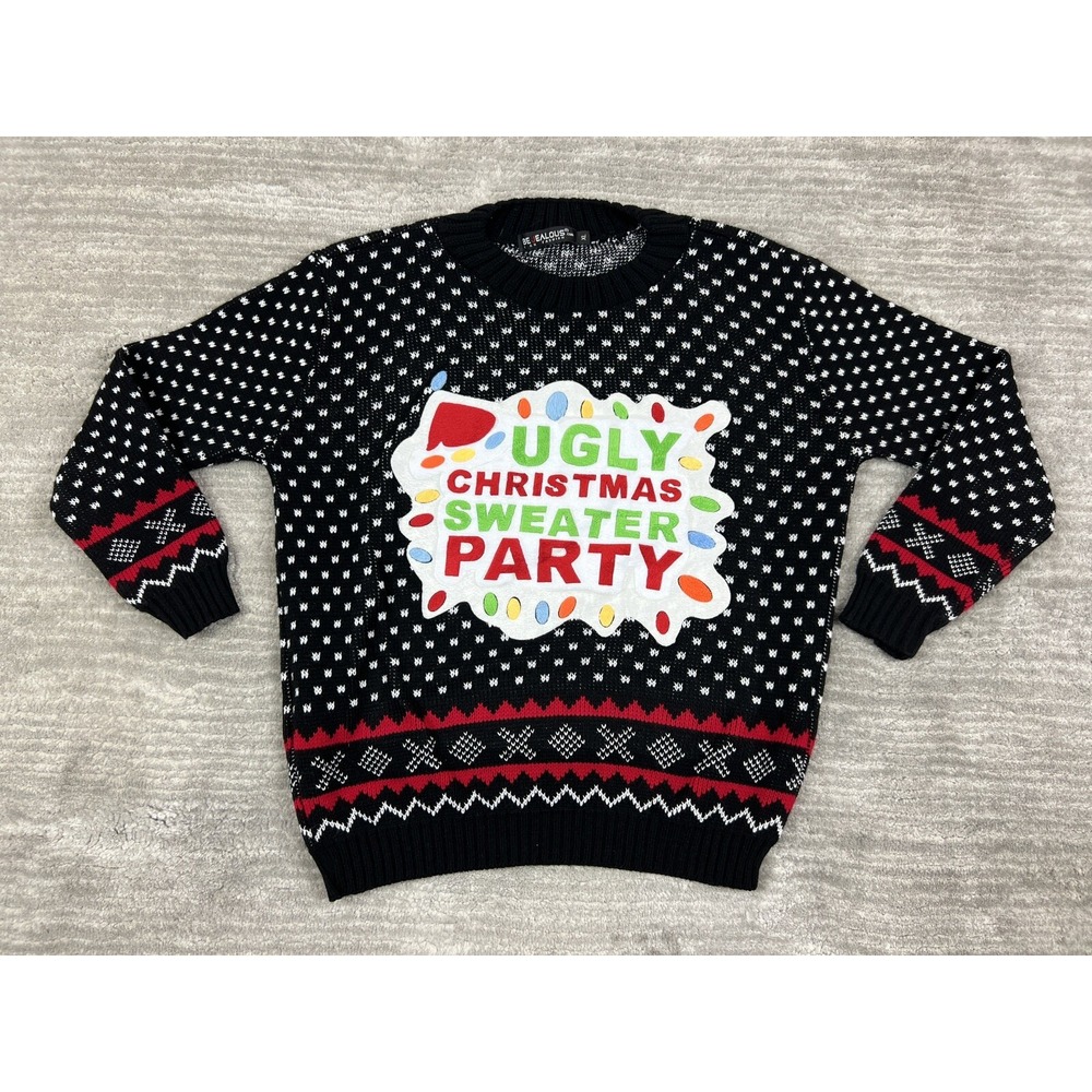 Be Jealous Ugly Christmas Sweater Party Men XL Black Red Fair Isle Knit Pullover